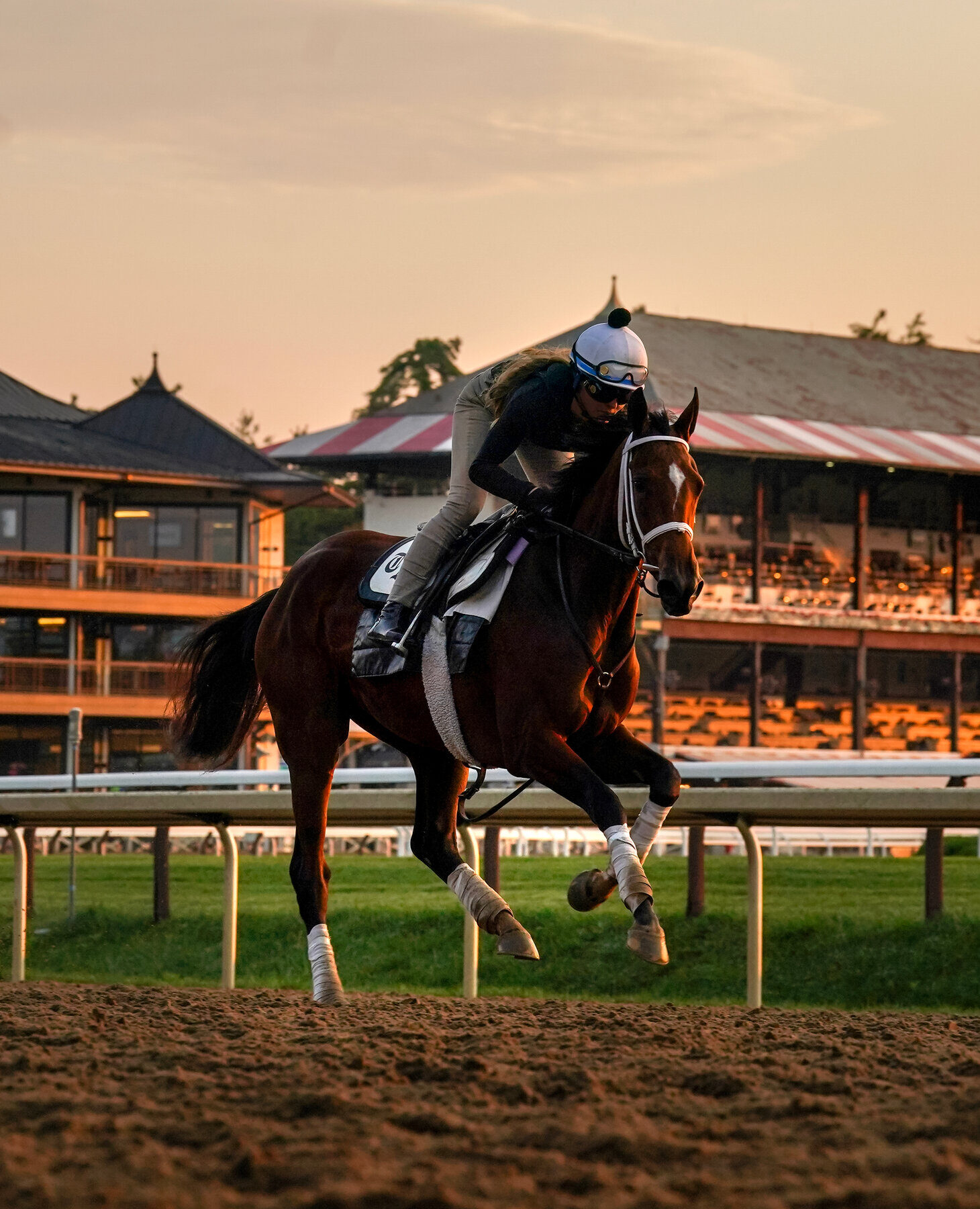 A thoroughbred and jockey working out on the main track at Saratoga Race Course at sunrise — the historic grandstand roof line and pagoda visible in the background