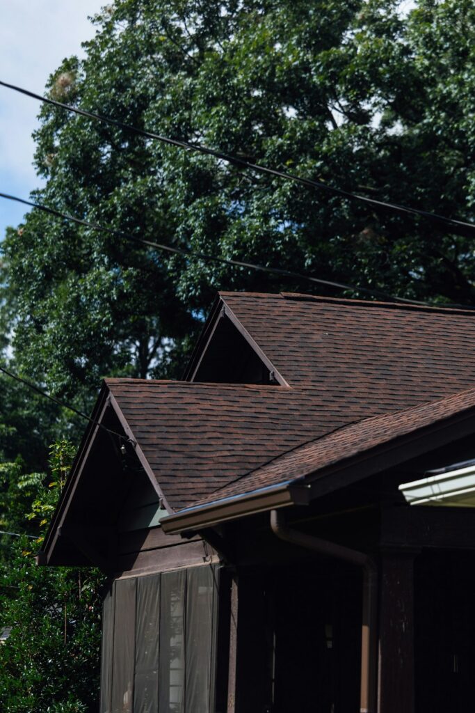 Brown asphalt shingle roof with two gables and a gutter under a large shade tree